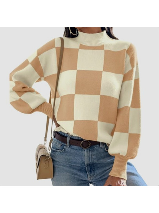 Zesica Sweaters - Tan White Colorblock Checkerboard Crewneck Pullover Academia Preppy Mock Neck M